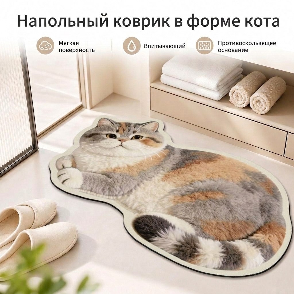 Мягкий прикроватный коврик котик